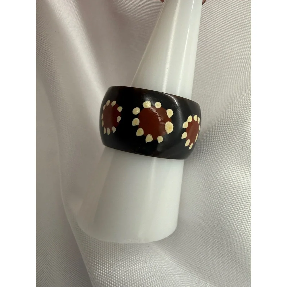 Vintage Chunky Resin Dome Ring Brown Cream Polka Dot Sunflower Statement Sz 9